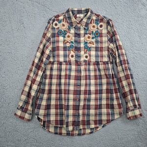 Kyla Seo Plaid Tunic‎ Dress Small Embroidered Flowers Button Up Roll Tab Sleeve